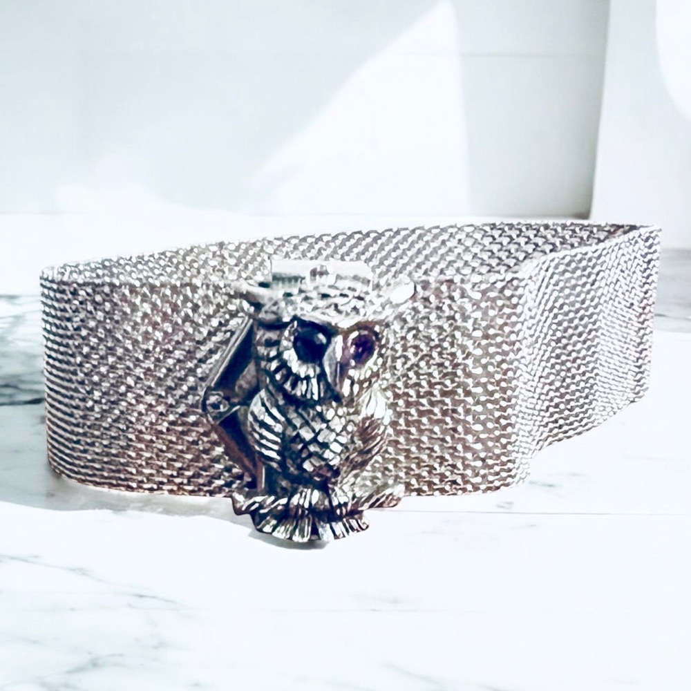 VINTAGE SARAH COVENTRY Bracelet Owl Buckle Mesh Silver Tone Purple Eye 1265-22